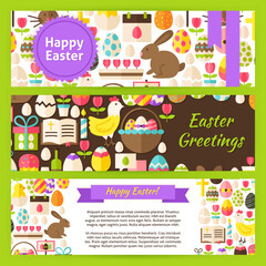 Happy Easter Template Banners Set in Modern Style. Flat Design Vector Illustration of Brand Identity for Spring Promotion. Religious Holiday Colorful horizontal Pattern for Advertising.