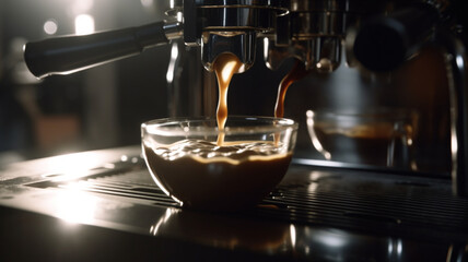 Close-up of espresso pouring from coffee machine. Generative AI