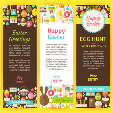 Happy Easter Party Invitation Flyer Set. Flat Design Vector Illustration of Brand Identity for Spring Christian Holiday Promotion. Colorful Pattern for Advertising.
