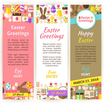 Happy Easter Vertical Flyer Set. Flat Design Vector Illustration of Brand Identity for Spring Religious Holiday Promotion. Colorful Pattern for Advertising.