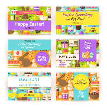 Happy Easter Template Invitation Modern Set. Flat Design Vector Illustration of Brand Identity for Spring Religious Holiday Promotion. Colorful Pattern for Advertising.