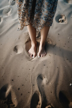 Woman's feet on beach sand AI-generated art, Generative AI, illustration