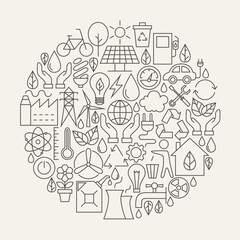 Ecology Line Icons Set Circle Shape. Vector Illustration of Modern Green Power and Environment Objects.