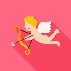 Amour Cupid Boy with Bow and Love Arrow Icon. Flat Design Vector Illustration with Long Shadow. Happy Valentine Day and Love Symbol.