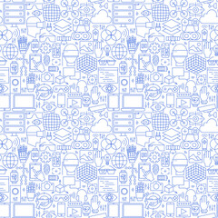 Thin Line Virtual Reality White Seamless Pattern. Vector Website Design and Seamless Background in Trendy Modern Outline Style. Augmented Reality Technology.