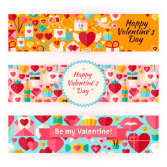 Valentine Day Template Banners Set in Modern. Flat Design Vector Illustration of Brand Identity for Love Promotion. Holiday Colorful Pattern for Advertising.