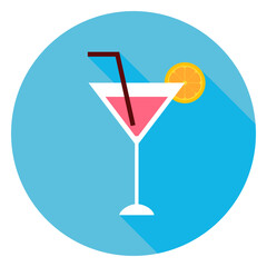 Cocktail Alcohol Drink Circle Icon. Flat Design Vector Illustration with Long Shadow. Party Drink with Orange Slice Symbol.