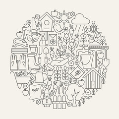Garden and Flowers Line Icons Set Circle Shape. Vector Illustration of Modern Nature and Spring Objects.