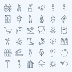 Line Gardening Tools Icons Set. Vector Set of Modern Thin Outline Nature and Flowers Spring Garden Items.