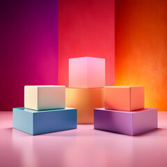 Abstract Pastel Step Up Podium with Gradient Dimensional Backdrop, Fun Geometric Shapes in Neon Aesthetic, Product Mock Up and Display for Cosmetic, Beauty, and Tech Products- Generative AI