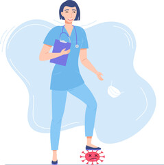 Happy smiling Nurse Defeats Virus covid 19. A Symbol of the End of the Pandemic. Flat Vector Illustration for Print and Web Design