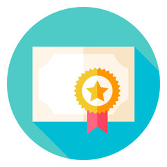 Paper Diploma with Award Circle Icon. Flat Design Vector Illustration with Long Shadow. Sport Activity and Fitness Lifestyle Symbol.