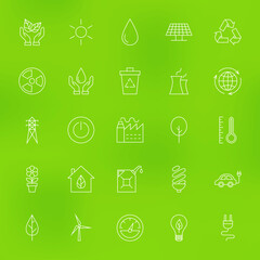 Save the Nature Eco Line Icons Set over Blurred Background. Vector Set of Modern Thin Outline Ecology Green Energy Items.