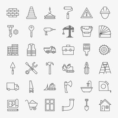 Building Construction Line Art Design Icons Big Set. Vector Set of Modern Thin Outline Working Tools and Industrial Items.