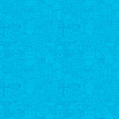 Thin Line Blue Construction Seamless Pattern. Vector Website Design and Tile Background in Trendy Modern Outline Style. Building Equipment and Tools.