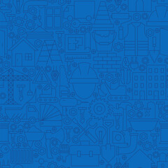 Fototapeta premium Thin Line Dark Blue Construction Seamless Pattern. Vector Website Design and Tile Background in Trendy Modern Outline Style. Building Equipment and Tools.