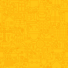 Thin Yellow Construction Line Seamless Pattern. Vector Website Design and Tile Background in Trendy Modern Outline Style. Building Equipment and Tools.