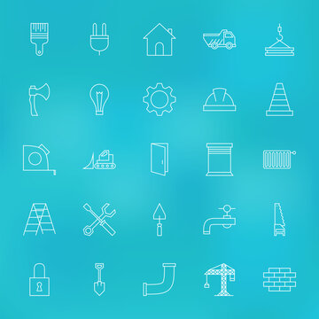 Construction Tools Line Icons Set over Blurred Background. Vector Set of Modern Thin Outline Building and Industrial Items.