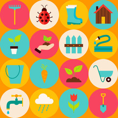Yellow Spring Garden Seamless Pattern with Circles. Flat Design Vector Illustration. Background. Set of Nature Gardening Tools Items.