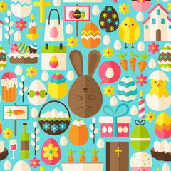 Happy Easter Holiday Blue Seamless Pattern. Flat Design Vector Illustration. Tile Background. Set of Spring Christian Religion Items.