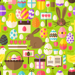 Happy Easter Green Seamless Pattern. Flat Design Vector Illustration. Tile Background. Set of Spring Christian Religion Items.
