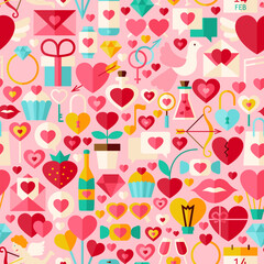 Valentine Day Pink Seamless Pattern. Love Flat Design Vector Illustration. Tile Background. Set of Wedding Items.