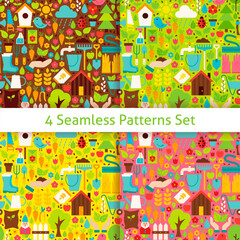 Four Spring Garden Seamless Patterns Set. Flat Design Vector Illustration. Tile Backgrounds. Set of Nature Gardening Tools Items.