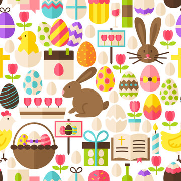 Happy Easter White Seamless Pattern. Flat Design Vector Illustration. Tile Background. Set of Spring Christian Religion Items.