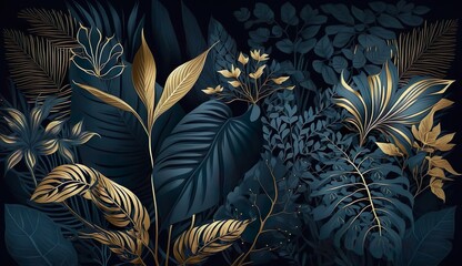 tropical leaves wallpaper, gold on dark blue background, banner, mural art, watercolor illustration with some sparkle and glitter. Generative AI