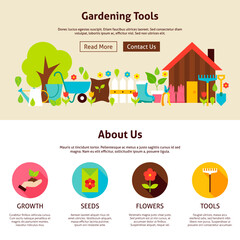 Gardening Tools Flat Web Design Template. Vector Illustration for Website banner and landing page. Garden Header with Icons Modern Design.