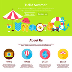 Hello Summer Flat Web Design Template. Vector Illustration for Website banner and landing page. Holiday Vacation Travel and Resort Header with Icons Modern Design.