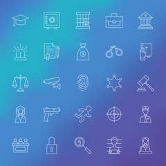 Law and Crime Line Icons Set over Blurred Background. Vector Set of Modern Thin Outline Attorney Items.