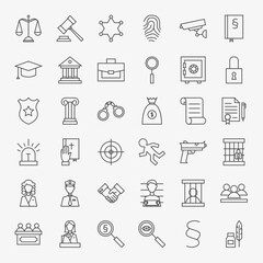 Law and Justice Line Art Design Icons Big Set. Vector Set of Modern Thin Outline Legal and Crime Symbols.