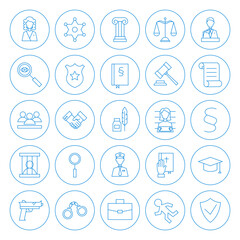 Line Circle Law and Crime Icons Set. Vector Set of Modern Thin Outline Icons of Attorney and Justice Circle Shaped Isolated over White Background.
