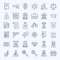 Line Lawyer Attorney and Crime Icons Set. Vector Set of Modern Thin Outline Law and Justice Items.