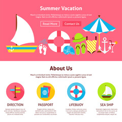 Summer Vacation Flat Web Design Template. Vector Illustration for Website banner and landing page. Holiday Travel and Resort Header with Icons Modern Design.