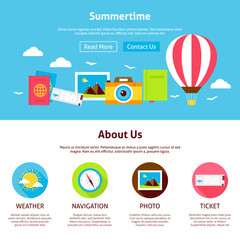 Summertime Flat Web Design Template. Vector Illustration for Website banner and landing page. Summer Travel Holiday Vacation and Resort Header with Icons Modern Design.