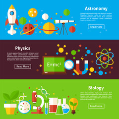 Naklejka premium Astronomy Physics Biology Science Flat Horizontal Banners. Vector Illustration for Website Header. Education and Learning Items Flat Design.