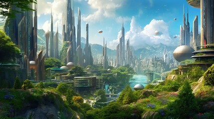 Futuristic utopia megacity concept. Green eco friendly metropolis illustration. Generative AI. - obrazy, fototapety, plakaty