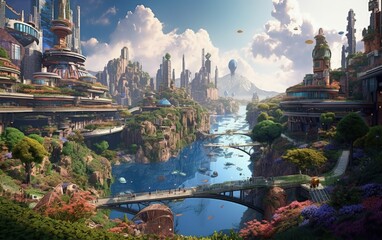 Fototapeta premium Fantasy futuristic utopia city with a large river, green parks, and huge skyscrapers. Generative AI illustration.