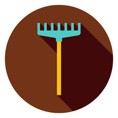Rake Garden Tool Circle Icon. Flat Design Vector Illustration with Long Shadow. Gardening Instrument Symbol.