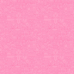 Thin Line Pink Baby Girl Seamless Pattern. Vector Website Design and Seamless Background in Trendy Modern Outline Style. Baby Shower and Newborn.