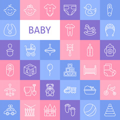 Vector Line Art Baby Icons Set. Modern Thin Outline Newborn and Childhood Toys Items over Colorful Squares.