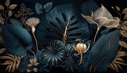 tropical leaves wallpaper, dark blue and gold, background banner, mural art, watercolor illustration. Generative AI