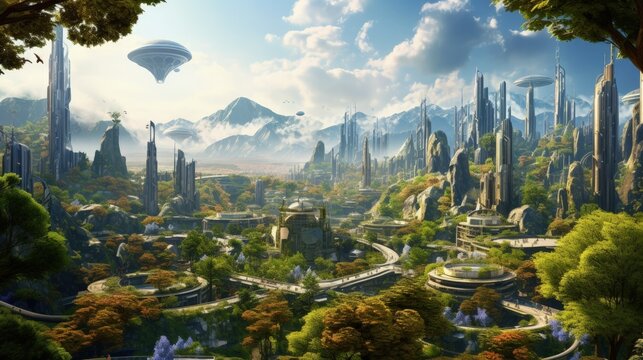 Futuristic green eco-friendly utopic city concept. Generative AI illustration.