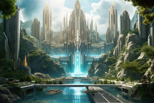 Fantasy futuristic utopia city with a large river, green parks, and huge skyscrapers. Generative AI illustration.