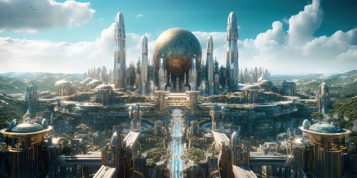 Concept of an utopia metropolis built around a powerplant. Eco-friendly futuristic clean city producing renewable energy. Generative AI illustration.