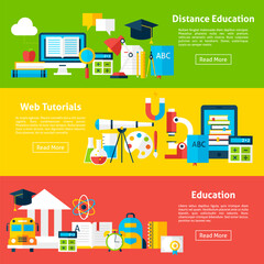 Distance Education and Web Tutorials Horizontal Banners. Vector Illustration for Website Header. Online Learning Items Flat Design.