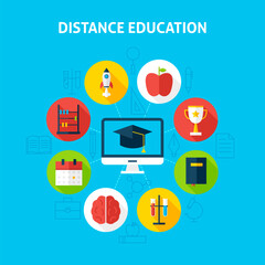 Distance Education Infographic Concept. Vector Illustration of Web Tutorials Infographics Circle with Computer Monitor and Circle Icons. Flat Design and Outline.
