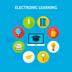 Electronic Learning Infographic Concept. Vector Illustration of Online Education Infographics Circle with Laptop and Circle Icons. Flat Design and Outline.